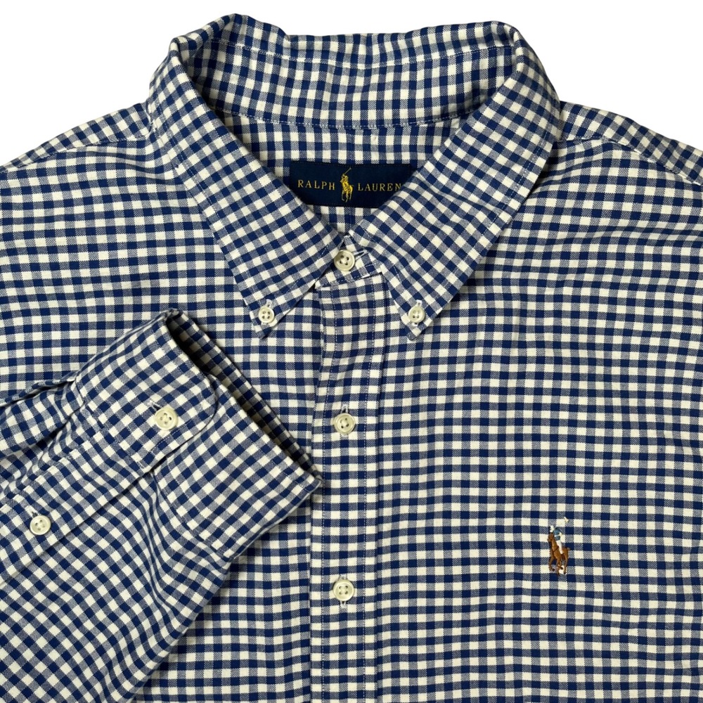 Polo Ralph Lauren Button Down Shirt Men XXL Blue White Gingham Check Long Sleeve